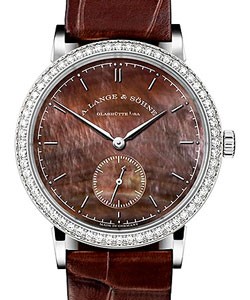 Saxonia Ladies in White Gold with Diamond Bezel on White Crocodile Strap with Brown MOP Dial