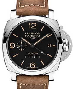 PAM 533 Luminor 1950 10 Days GMT 44mm Automatic in Steel on Brown Leather Strap with Black Dial