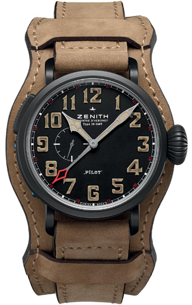 Pilot Type 20 GMT 48mm Automatic in Black DLC Titanium On Brown Nubuck Strap with Black Arabic Dial