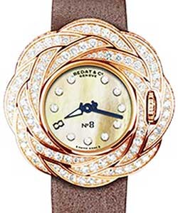 Extravaganza Round in Rose Gold with Diamond Bezel on Brown Satin Strap with Gold MOP Diamond Dial