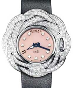 Extravaganza in White Gold with Diamond Bezel On Black Satin Strap with Pink Opal Diamond Dial