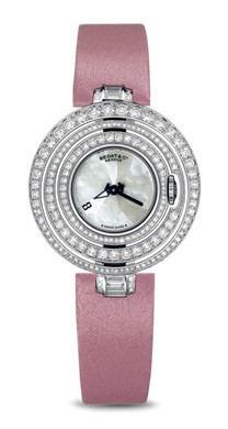 Extravaganza in White Gold with Diamond Bezel On Pink Satin Strap with Mother of Pearl Dial