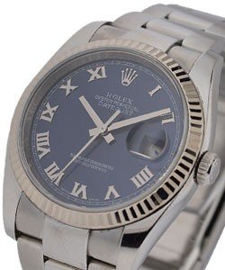 Datejust 36mm in Steel with Fluted White Gold Bezel on Oyster Bracelet with Blue Dial with Roman Numerals