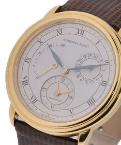 Jules Audemars Power Reserve and 2nd Time Zone in Yellow Gold   on Brown Lizard Strap with White Dial