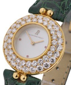 Ladies Round with 2-Row Diamond BEzel Yellow Gold on Strap with White Dial
