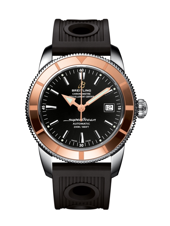 Superocean Heritage 42mm Men's Automatic in Steel with Rose Gold Bezel on Black Ocean Rubber Strap with Black Dial
