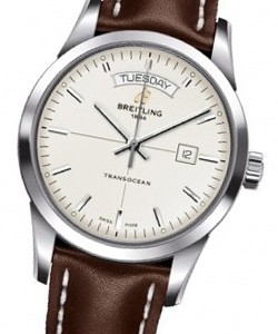Transocean Day-Date Series and Automatic in Steel On Brown Leather Strap with Mercury Silver Dial