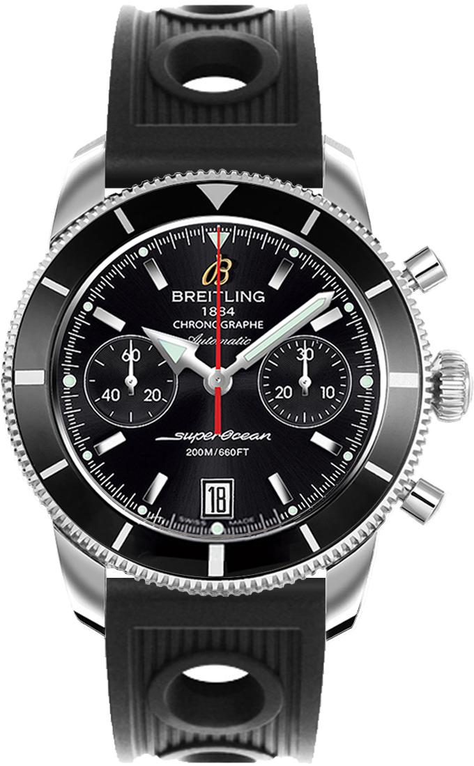 Superocean Chronographe Heritage 44mm in Steel with Black Bezel on Black Ocean Rubber Strap with Black Dial