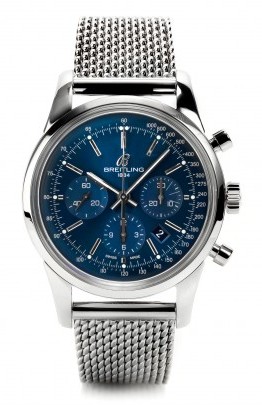 Transocean Chronograph Mens 43mm Automatic in Steel On Steel Mesh Bracelet with Blue Dial