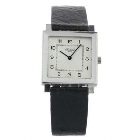 Classic Square in Steel on Black Leather Strap with Silver Dial