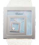 Happy Spirit Square in White Gold on White Crocodile Leather Strap with Blue MOP Dial - 1 Floating Diamond
