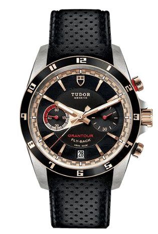 Grantour Chrono Flyback Automatic in Steel with Black Lacquered Rose Gold Bezel On Black Leather Strap with Black Dial