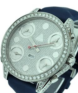 Five Time Zone Men's 47mm Quartz - Steel  Diamond Bezel Blue Rubber Strap - Pave Diamond Dial 8.75ct
