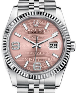 Datejust in Steel with White Gold Fluted Bezel on Jubilee Bracelet with Pink Wave Stick Dial