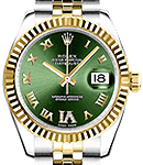 Datejust Mid Size in Steel and Yellow Gold Fluted Bezel On Jubilee Bracelet with Green Roman Diamond Dial