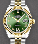 Datejust Mid Size in Steel and Yellow Gold Fluted Bezel On Jubilee Bracelet with Green Roman Diamond Dial