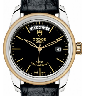 Glamour Day-Date Mens 39mm Automatic in Steel and Yellow Gold on Black Crocodile Leather Strap with Black Index Dial