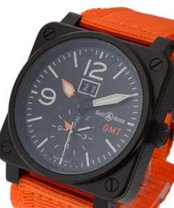 BR0394 GMT and Big Date in Carbon Coated PVD Steel on Orange Canvas Strap with Black Dial