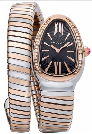 Serpenti Ladies 35mm 2-Tone in Steel & Rose Gold with Diamond Bezel and Black Dial