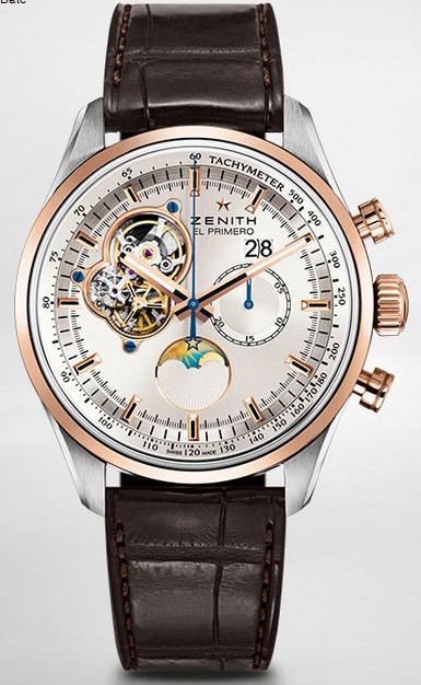 El Primero Chornomaster Grnade Date in Steel with Rose Gold Bezel on Black Alligator Leather Strap with Silver Toned Skeleton Dial
