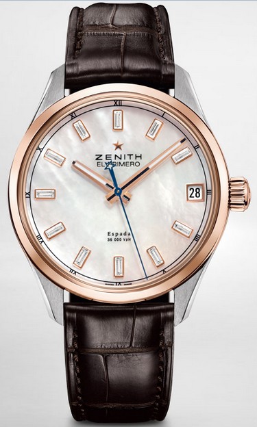 El Primero Espada 40mm in Steel with Rose Gold Bezel on Brown Alligator Leather Strap with White MOP Diamond Dial