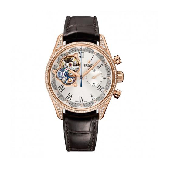 El Primero Chronomaster in Rose Gold with Diamond beze On Brown Alligator Leather Strap with Silver Toned Diamond Dial