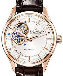 El Primero Synopsis in Rose Gold On Brown Alligator Leather Strap with Silver Sunburst Open Worked Dial