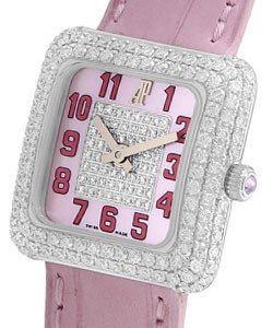 Ladys White Gold Diamond Watch White Gold on Leather Strap with Pink Diamond Dial