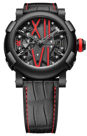 Titanic DNA Steampunk Auto Red in Black PVD Steel on Black Leather Strap with Black Skeleton Dial