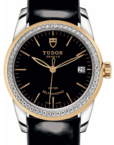 Glamour Date Mens 36mm Automatic in Steel and Yellow Gold with Diamond Bezel on Black leather Strap with Black Index Dial