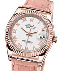 Datejust in Rose Gold with Fluted Bezel On Pink Alligator Leather Strap with White Roman Dial