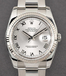Datejust 36mm in Steel with White Gold Fluted Bezel on Oyster Bracelet with Silver Roman Dial