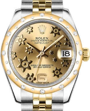 Mid Size Datejust 31mm in Steel with Yellow Gold 24 Diamond Bezel on Jubilee Bracelet with Champagne Floral Dial
