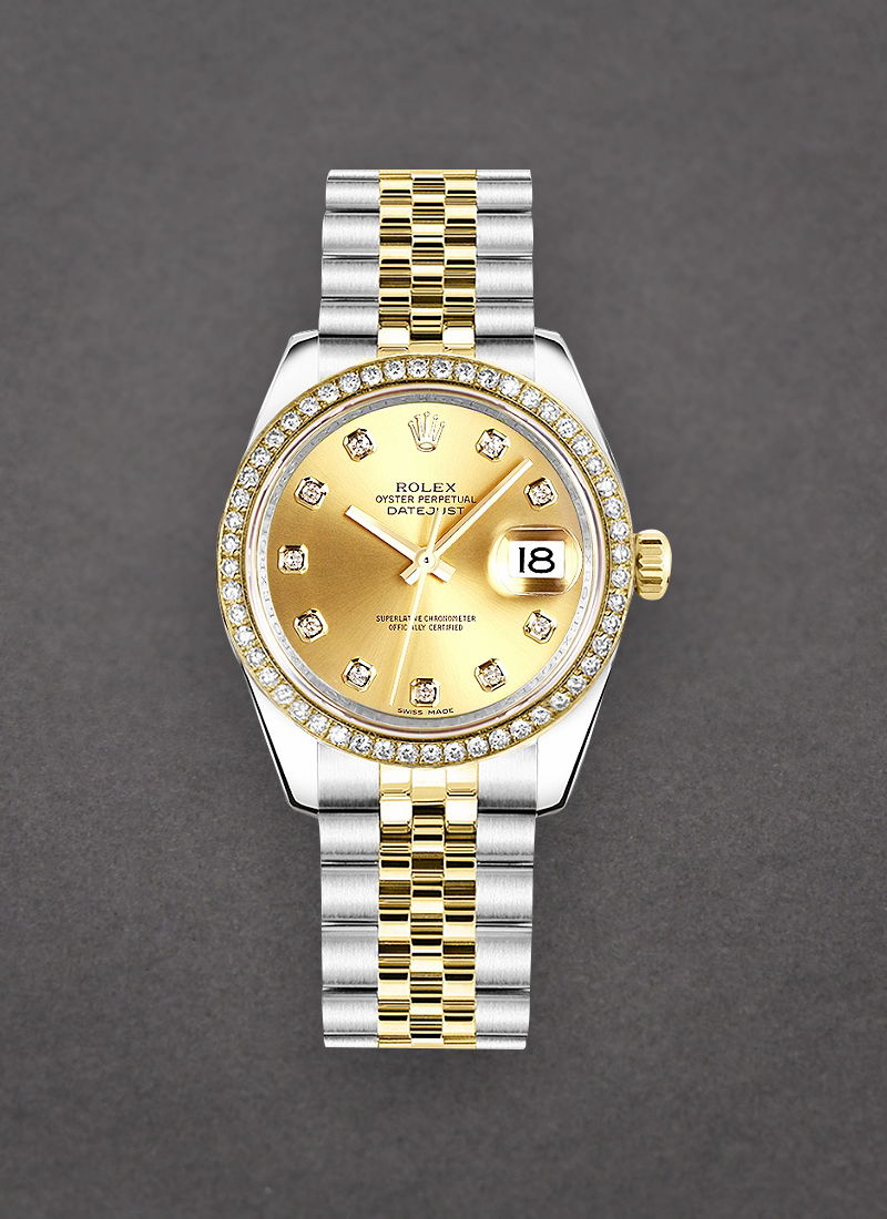 Rolex Unworn Mis Size 2 Tone Datejust 31mm with Yellow Gold Diamond Bezel