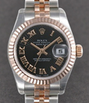 Datejust Ladies 26mm in Steel with Rose Gold Fluted Bezel on Jubilee Bracelet with Black Sunbeam Roman Dial