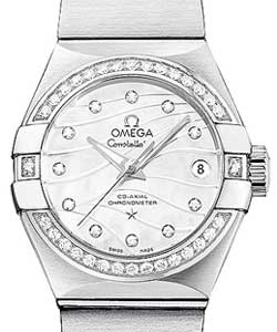 Constellation Brushed Chronometer with Diamond Bezel On Steel Bracelet with Engraved White Mother of Pearl Dial
