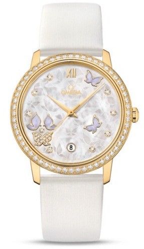 De Ville Prestige 36 in Yellow Gold with Diamond Bezel On White Satin Strap with White MOP Decorated Dial