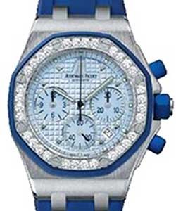 Royal Oak Offshore Ladies White Gold-Diamonds on Rubber Strap with Blue Dial 