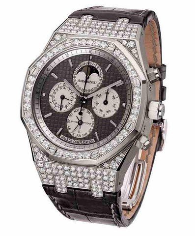 Royal Oak Grand Complication 44mm Automatic in White Gold with Diamonds Bezel on Black Alligator Leather Strap with Slate Dial