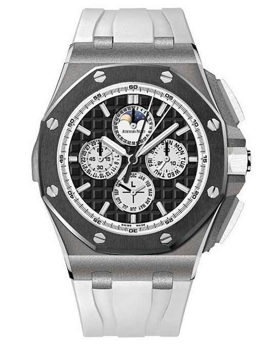 Royal Oak Offshore Chronograph Perpetual Calendar 44mm in Titanium with Ceramic Bezel on White Rubber Rubber with Mega-Tapisserie Dial