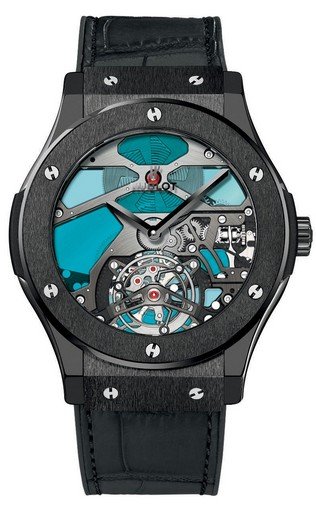Classic Fusion Tourbillon  45mm in Black Ceramic On Black Alligator Leather Strap with Skeleton Blue Vitrail  Dial