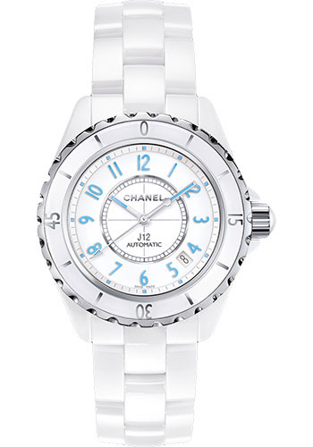 J12 Blue Light 38mm Automatic in White Ceramic with Steel Bezel-  Limited to 2000 pcs on White Ceramic Bracelet with White Dial Blue Luminiscent Numeral Dial