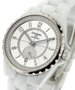 J12  36.5mm Automatic in White Ceramic with Steel & Diamonds Bezel on White Ceramic Bracelet with Opaline guilloche Diamond dial