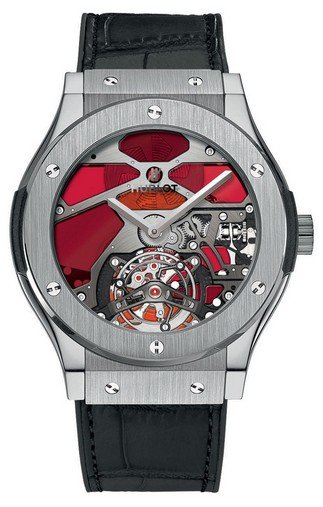 Classic Fusion Tourbillon 45mm in Titanium On Black Leather Strap with Skeleton Red Vitrail Dial