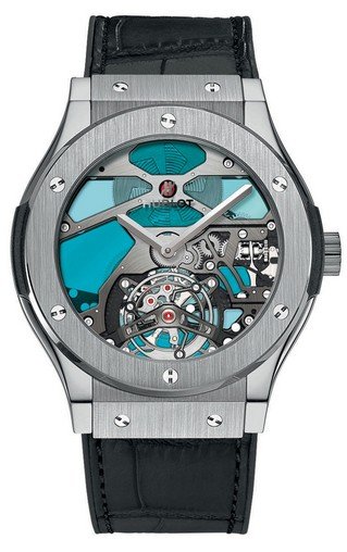 Classic Fusion Tourbillon 45mm in Titanium on Black Leather Strap with Skeleton Blue Vitrail Dial