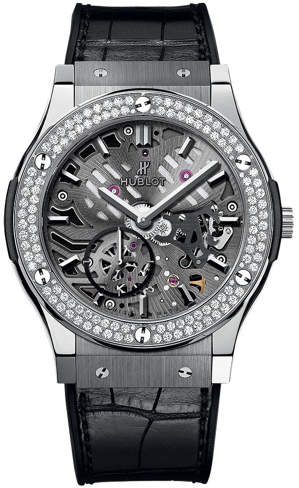 Classic Fusion 42mm Ultra Thin Automatic in Titanium with Diamond Bezel on Black Leather Strap with Gray Skeleton Dial
