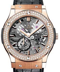 Classic Fusion 42mm Automatic in Rose Gold with Diamond Bezel On Black Crocodile Strap with Grey Skeleton Dial
