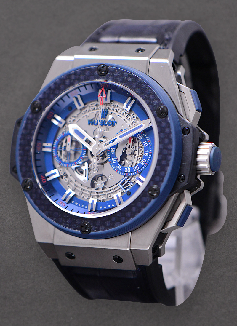 Hublot King Power Special One 48mm Automatic in Titanium with Blue Ceramic Bezel On Blue Alligator Strap with Grey Skeleton Dial