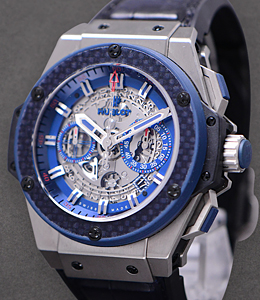 King Power Special One in Titanium with Blue Ceramic Bezel On Blue Alligator Strap with Grey Skeleton Dial