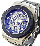 King Power Special One 48mm Automatic in Titanium with Blue Ceramic Bezel On Blue Alligator Strap with Grey Skeleton Dial